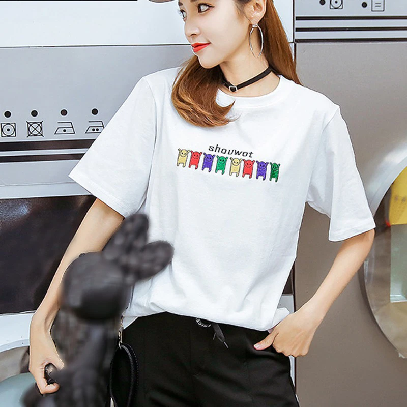 

2019 Casual Summer Women Cartoon Print Round Neck Sweet Loose Style T-Shirt White Short Sleeve Plus Size Women's T-Shirt
