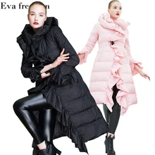 Европейский высококачественный модный женский пуховик с оборками, Длинное свободное женское пуховое пальто для женщин EF1838