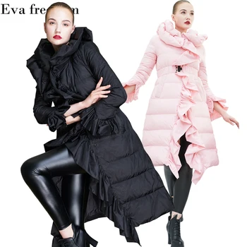 

2018 European High-end Fashion Quality Lady Down jackets Release Temperament ruffles long loose women down coat for women EF1838