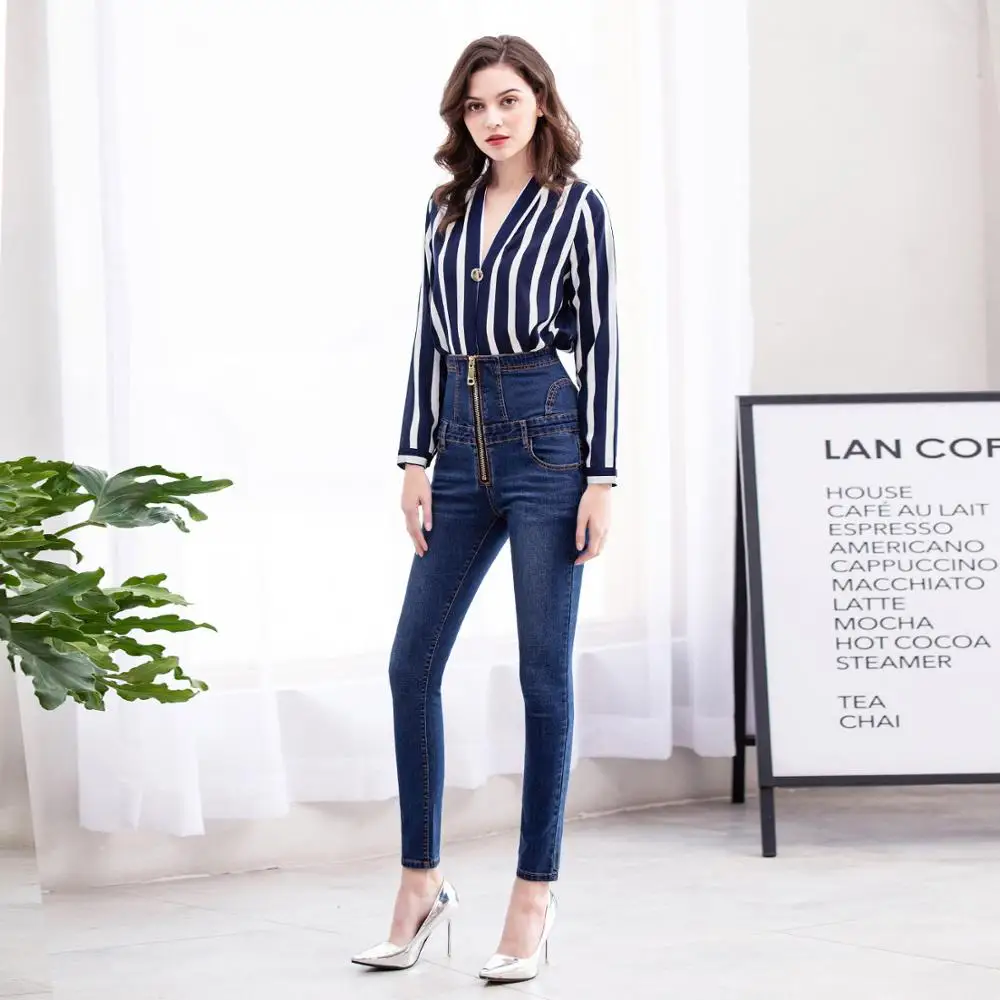

Summer ladies big zip straps abdomen high waist jeans stretch large size feet pants slim pencil pants