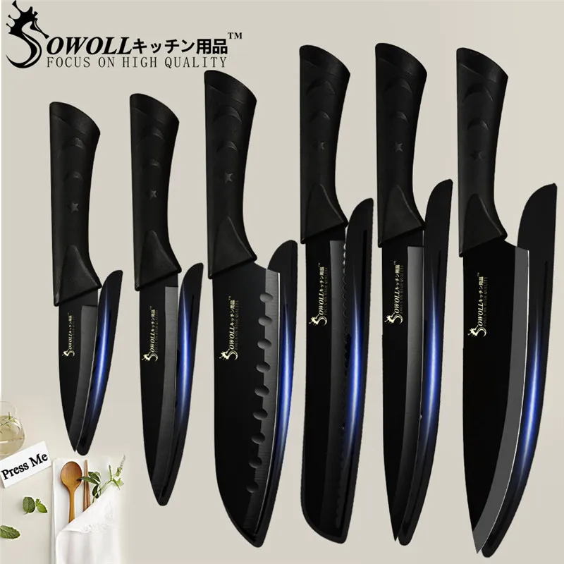 Sowoll Превосходное качество 7Cr17 набор кухонных ножей из нержавеющей стали ножницы Держатель ножей японские кухонные ножи инструменты 8 шт. набор - Цвет: A.6pcs set