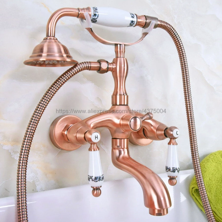 Wall Mount Antique Red Copper Bathtub Faucet Dual Handles Swivel Spout Mixer Tap Ceramic Handles With Hand Shower Nna312