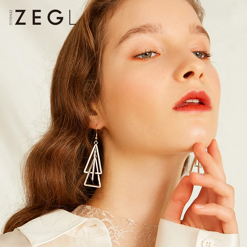 

ZEGL metal wind geometric earrings women's fashion net red eardrop temperament long hollow earrings