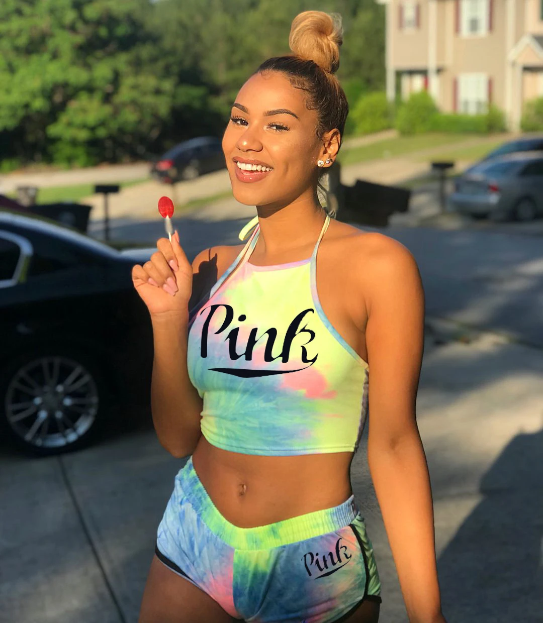 

Street Style Rainbow Pink Letter Print Women 2 Piece Set 2019 Summer Sexy Halter Lace Up Crop Top And Shorts Suits Casual Outfit