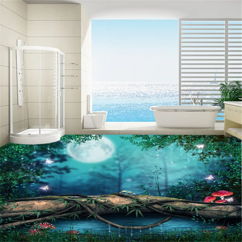 

beibehang Custom painted forest single tree bridge 3D floor painting to extend space to the kitchen night floor mural