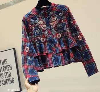 

European style 2019 New arrivals Spring winter fashion women clothes temperament patchwork Embroidery vintage shrit T3340