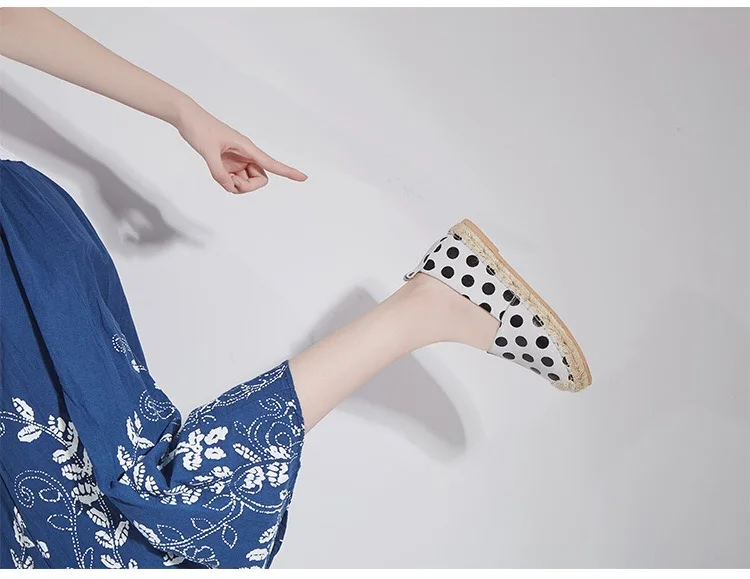 French Style Romantic Genuine Leather Chic Polka Dots Fisherman Female Shoes Round Head Black&White Straw Women Shoes