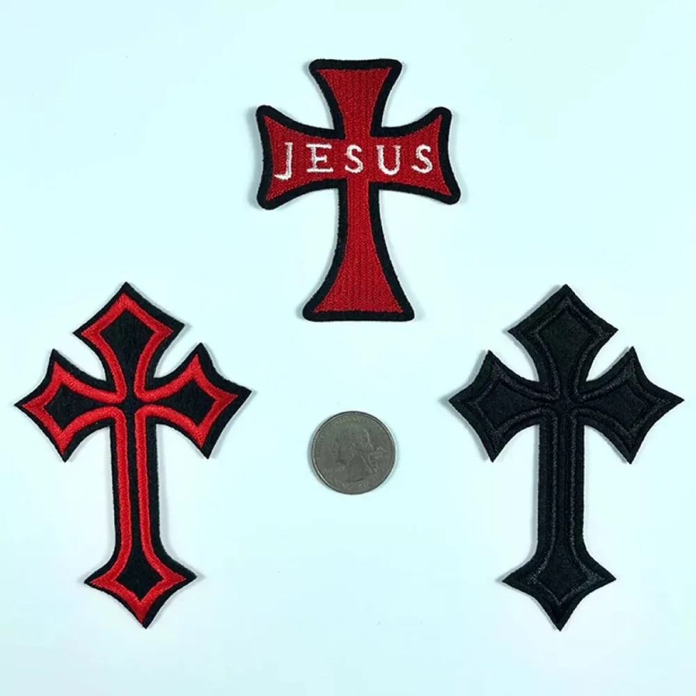 

10pcs/lot Knights Templar Cross Shield Embroidered Hook & Loop Tactical Morale Patch Black and Red Jesus Patches Iron on Badge