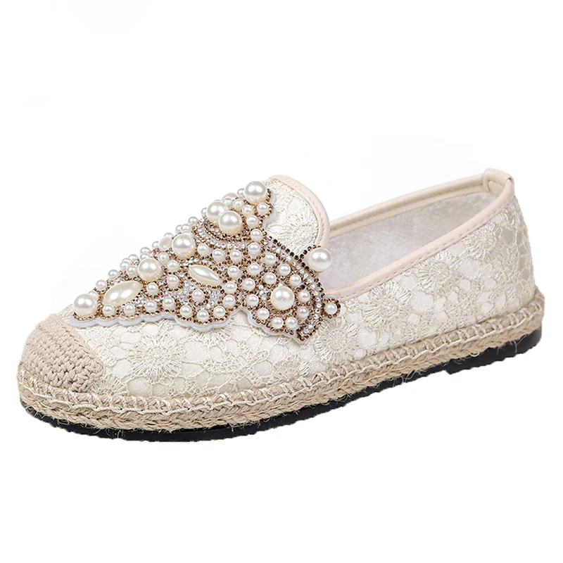 

Spring Lace Espadrilles Women Flat Shoes String Bead Mesh Round Toe Slip-On Loafers Lady Casual Fashion Shoes XWD7387