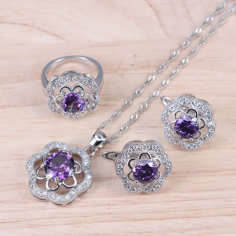 

Purple Zircon Rose 925 Silver Bridal Jewelry Sets For Women Cubic Zirconia Necklace Earrings Ring Pendants
