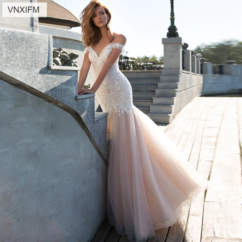 VNXIFM 2019 аппликации Vestido de Noiva Свадебные платья с v-образным вырезом русалка без