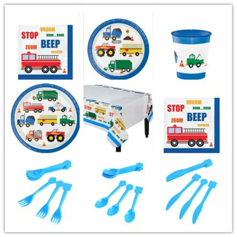 

Cartoon Fire Truck Car Train Party Disposable Tableware Cup Plate 1st Birthday Party Decor Kids Baby Shower Party Supplies