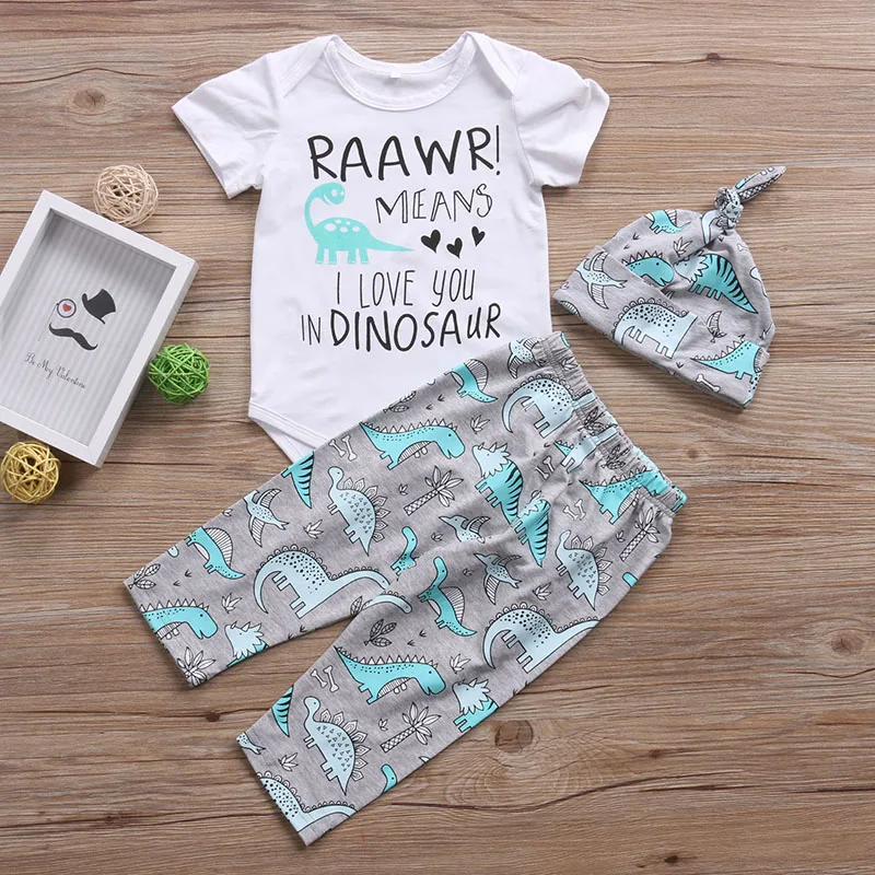 Комплекты одежды для новорожденных мальчиков и девочек из 3 предметов г., летние топы с надписью RAAWR, комбинезон+ брюки с динозаврами+ шапка, детская одежда костюм