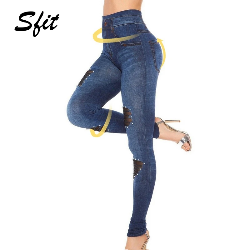 

Sfit Women Hole Tight Long Imitation Jeans Simple High Waist Slim Pants Elastic Soft Gym Legging Fitness High Waisted Jeggings