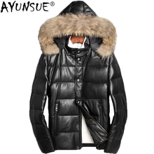 AYUNSUE, короткая куртка из натуральной кожи, мужской пуховик, зимняя куртка из овчины, Воротник из енота, кожаная куртка LSY080066 KJ1087
