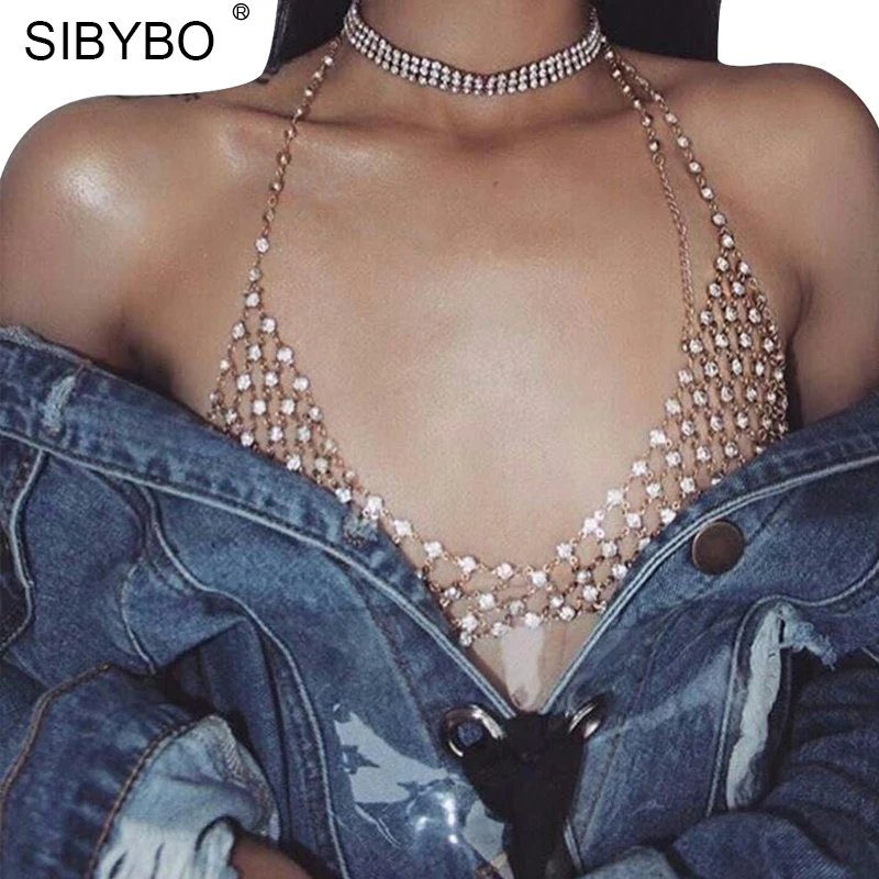Sibyboホルターvネックノースリーブタンクトップ女性2017夏ビーチラインストーンブラジャーボディチェーンセクシーなクラブパーティービスチェ作物トッ