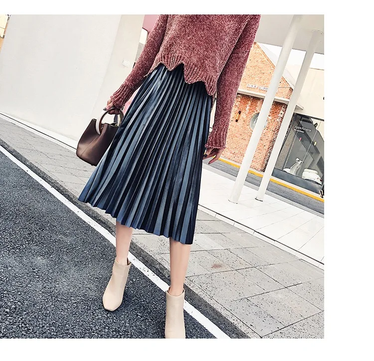 2018 осень и зима женские Модные золото бархат юбка в складку Высокая талия длинная юбка; юбка