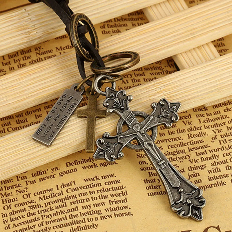 Antique Bronze Cross Charm Leather Necklace With Circles Crossesin