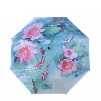 

Chinese Style Silver Coating Summer Parasol Sunny and Rainny Umbrella 3 Fold paraguas Women Anti-uv Waterproof Rain Umbrellas