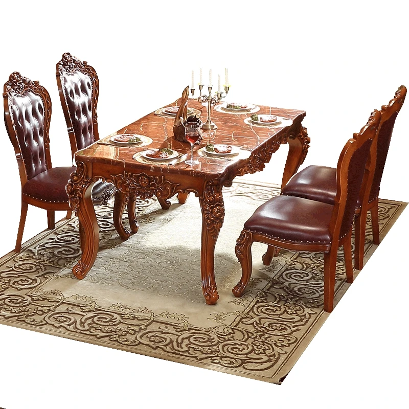 European Rectangle Table/ Luxury Solid Wood Carved Antique Table Set With 6 Chairs