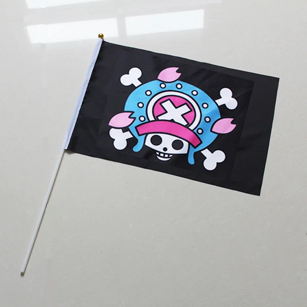 

custom 1 dozen 12 pieces ONE PIECE skull Chopper hand flag with plastic flagpole size 14x21cm,20x30cm