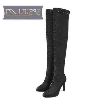 

MLJUESE 2019 women over the knee Denim winter short plush rivets thin heels platform high boots female motorcycle boots
