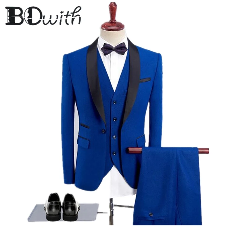 Новинка 2019, королевский синий мужской костюм, шаль, воротник, одна пуговица, тонкий крой, 3 предмета, куртка + жилет + брюки для свадьбы