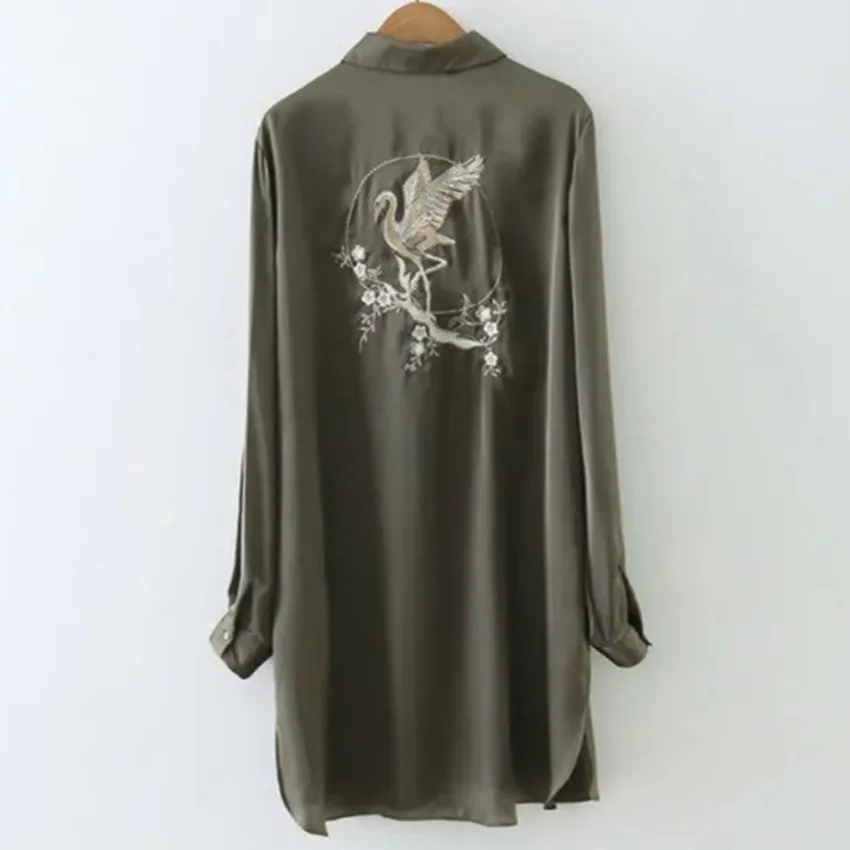 army green bird embroidery dress blouse sleeve turn collar shirt fashion army green bird embroidery dress blouse sleeve turn collar shirt fashion