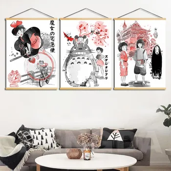 

Canvas Print Poster Wall Art Modern Cartoon Spirited Away Totoro Watercolor Painting Nordic Solid Wood Hanging Scroll Home Decor