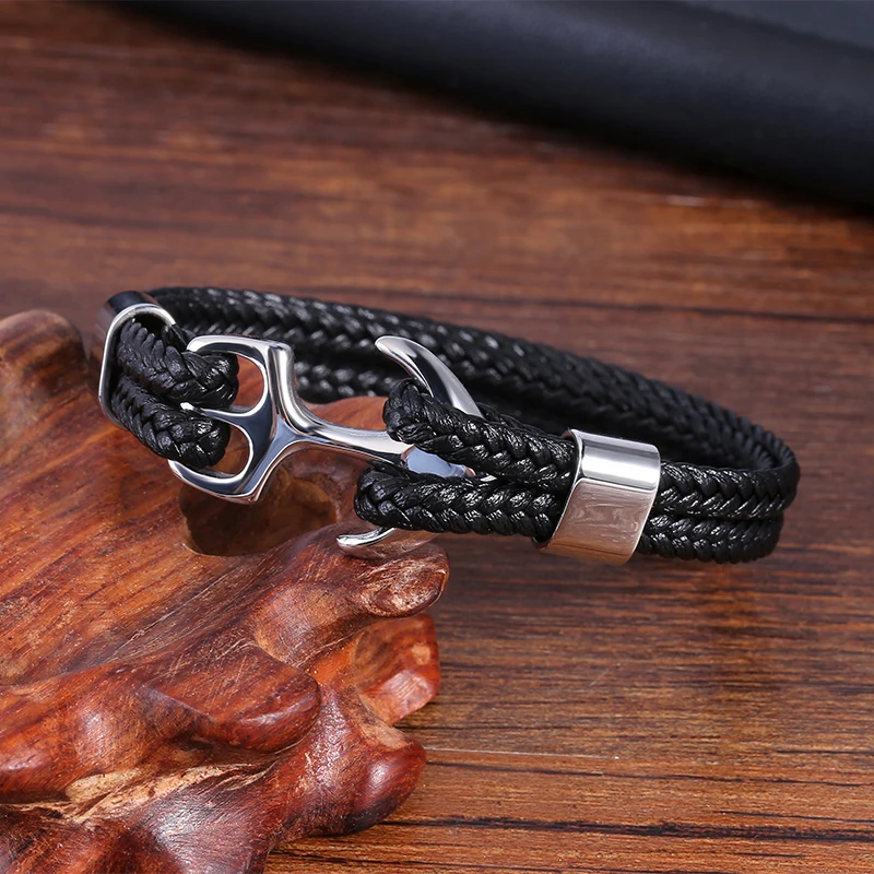 

High Quality Anchor Bracelets Men Charm Nautical Survival Rope Chain Leather Bracelet Pulseiras Stainless Steel Bracelet Bangles