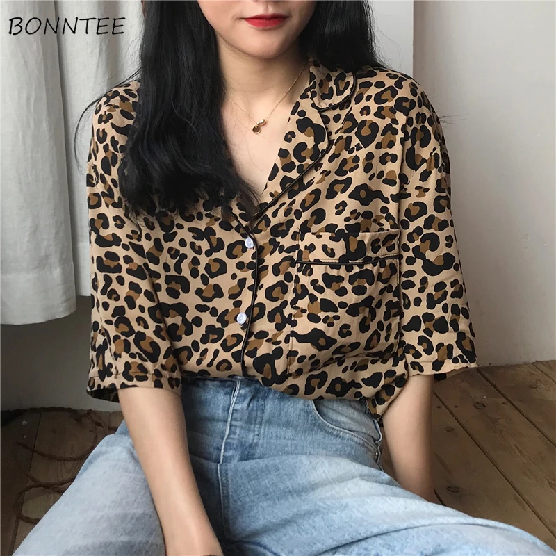

Shirts Women Leopard Simple Leisure Pockets All-match Retro Elegant Loose Womens Summer Turn-Down Collar Clothing Female 2019