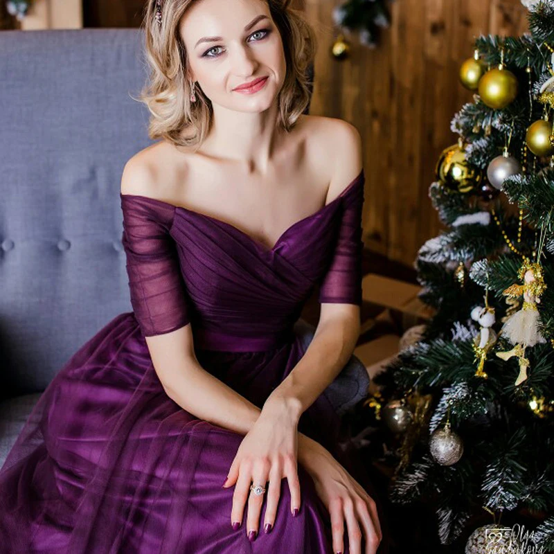 

Customize Long Purple Red Woman Evening Dresses 2019 A-Line Off the Shoulder Half Sleeve Special Occasion Dresses robe de soiree