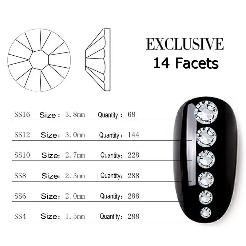 1300 шт Смешанные Стразы для ногтей 1,5-3,8 мм плоская задняя конструкция Стразы для ногтевого дизайна украшения 3D Маникюр для ногтей аксессуары 6 размеров