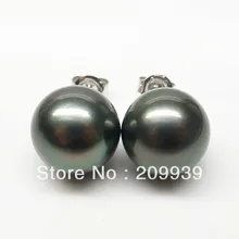 AAA черный 11.8 мм Натуральная Tahitian Pearl золотые серьги! Идеальный стержня