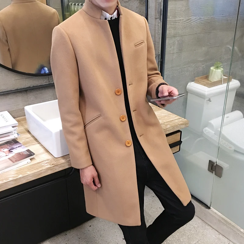 

New 2019 Men's Boutique Fashion Pure Color Leisure In The Stand Collar Long Single-breasted Woolen Cloth Dust Coat / Mens Jacket