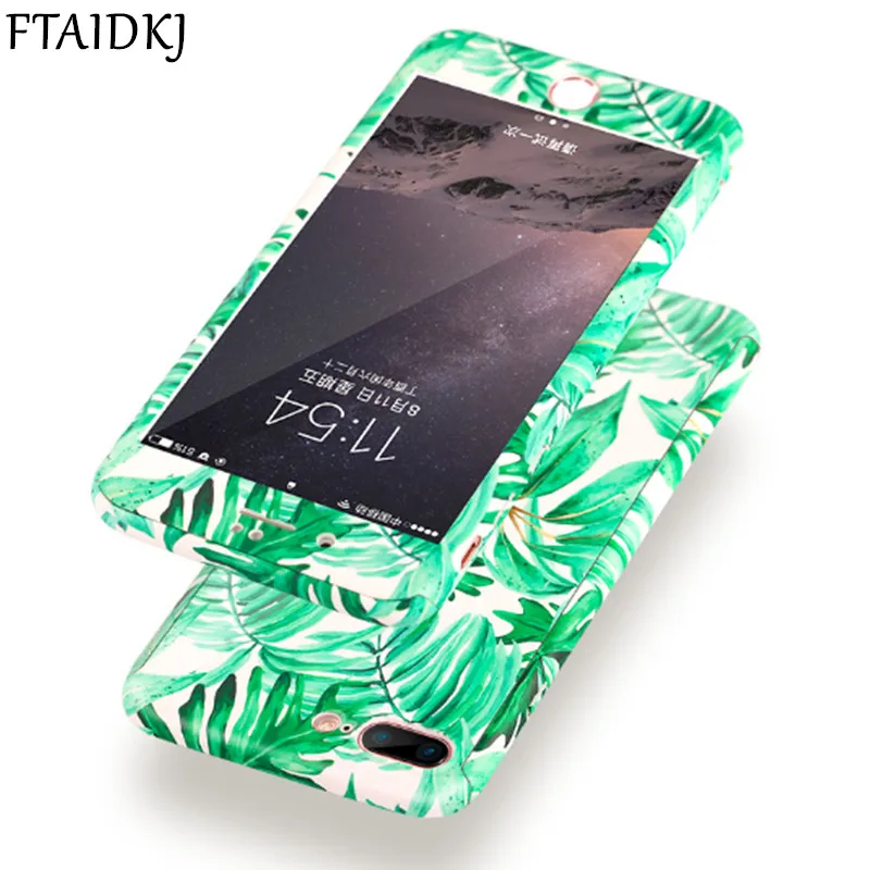 

360 Degree Full Body Protection Green Plant Leaf Hard Case For iPhone X 10 6S 6 7 8 Plus 5 5S SE Flower Marble Stone Cover Coque