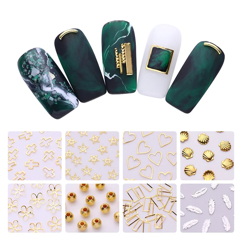 

1Box Gold Alloy Silver Metal Nail Rivets Multi-size Studs Starfish Shell Feather Flower Manicure DIY 3D Nail Art Decorations