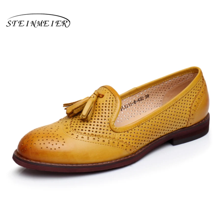 Yinzo/женские туфли-оксфорды на плоской подошве; женские кроссовки из натуральной кожи; женские броги; Повседневная обувь в винтажном стиле; женская обувь - Цвет: yellow