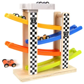 

Baby Kids Wooden Ladder Gliding Car Wooden slot Track Car Toys Educational Model to Slide toy for children boy gifts