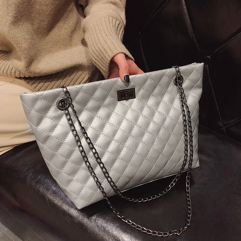 

2018 Luxury Brand Women Plaid Shoulder Bag Large Tote Bag Female Handbags Designer Pu Leather Big Crossbody Chain Messenger Bag