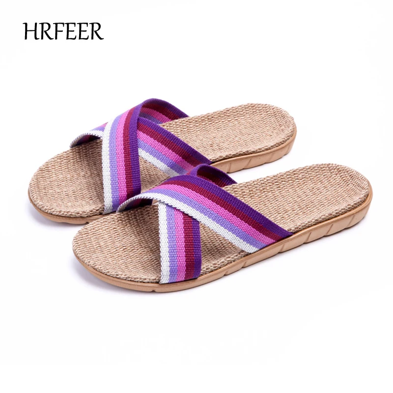 

HRFEER Hot Women Linen Slippers Flat Men Sandals Unisex Health Flax Shoes Lightweight EVA Non-Slip Sole Slides Home Slipper