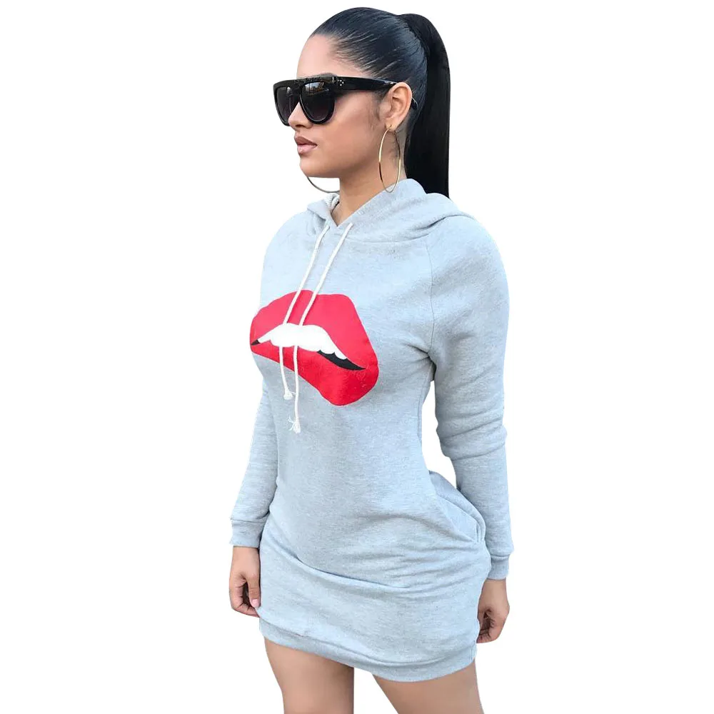 

Fashion Womens derss gray spring Casual Slim Long Sleeve Sweater Round O-Neck Short Dress Lips Print Classic women Dress S-XL