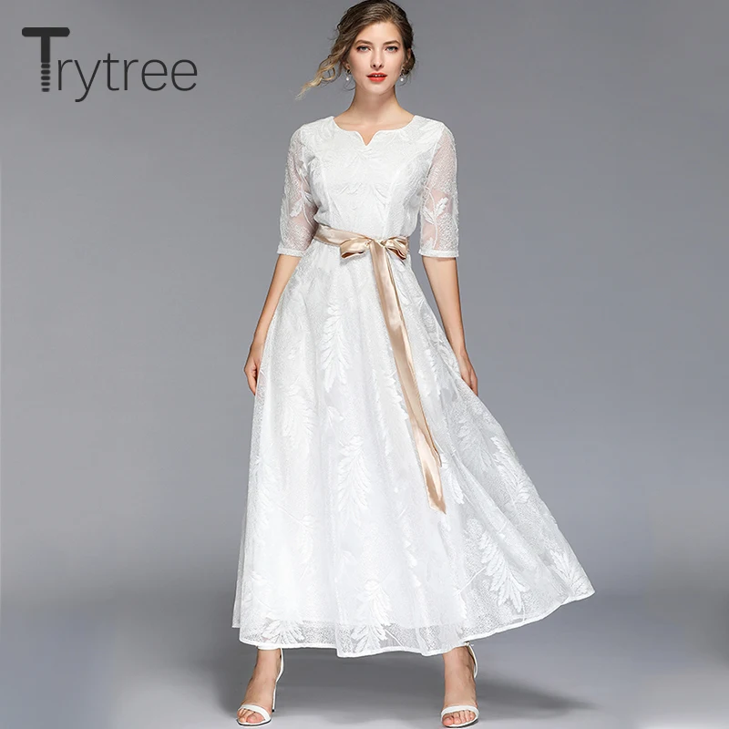 Trytree الربيع الصيف عارضة الصلبة اللباس البوليستر يترك التطريز النساء فساتين الكاحل طول ألف خط مكتب سيدة اللباس