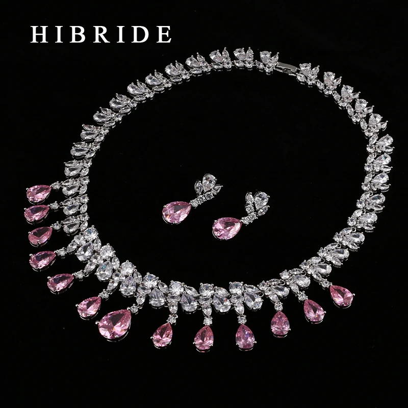 Conjunto de joyería nupcial de Zirconia cúbica AAA con forma de gota de lágrima de alta calidad HIBRIDE, juego de joyas de Color oro blanco N-59 - 3