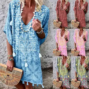 

Women Summer Boho Beach Half Sleeve V-Neck Dresses Ladies Casual Loose Print Tassel Mini Dress Plus Size