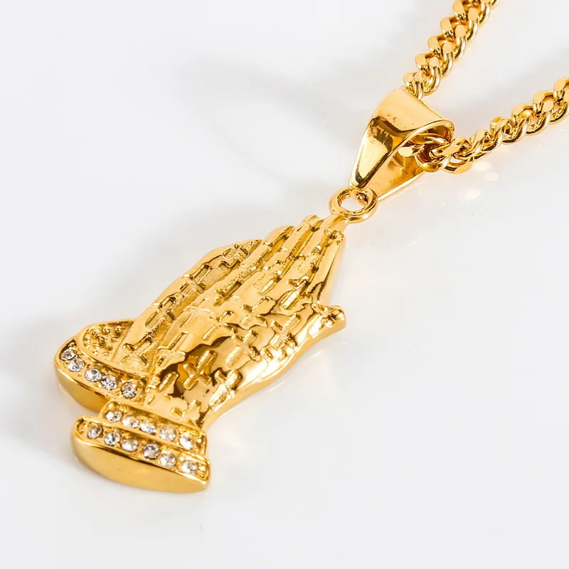 5 мм и 3 кубинской Титан prayerhand руки молящегося Rhinestone узор Нержавеющая сталь кулон