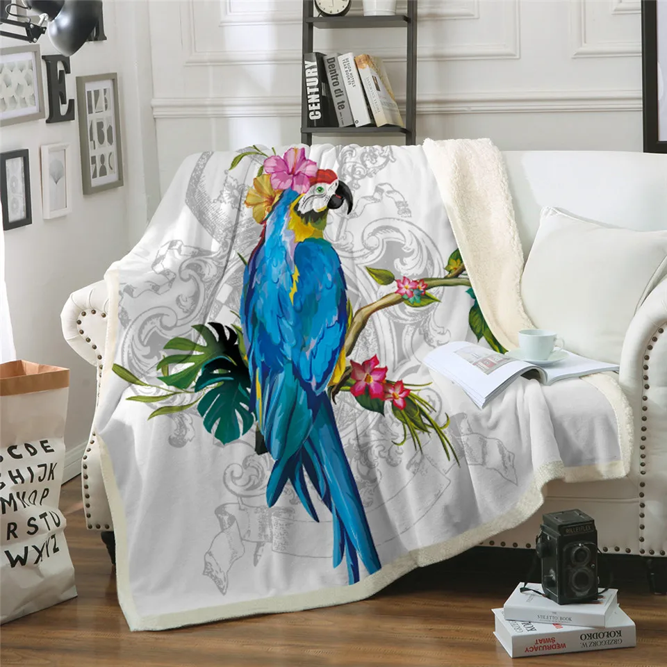 

Macaw Art Throw Blanket Bird Morning Glories Bedclothes Sherpa Fleece Plush Beds Sofa Blanket 130x150 manta