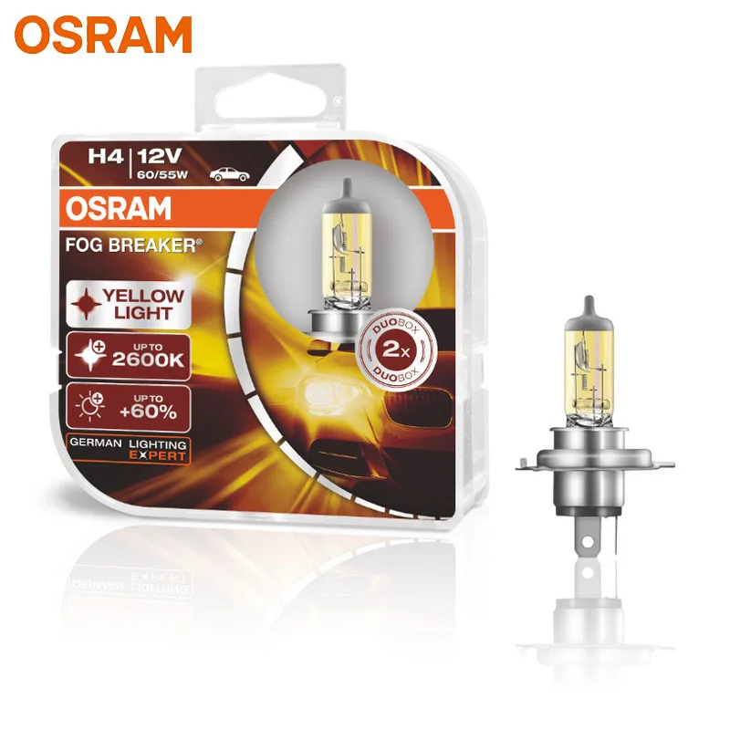 

OSRAM Fog Breaker H4 12V 60/55W 2600K Yellow Color Car Headlight Car Bulb Hi/lo Beam +60% Light +200% Yellow 62150FBR (Twin)