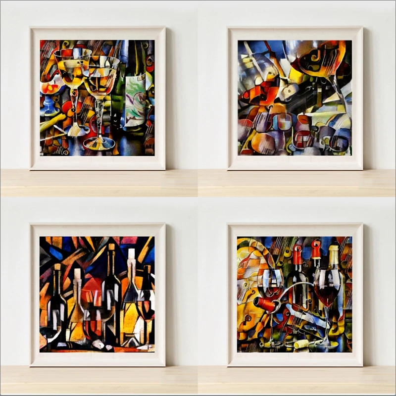 

Wine Themes Cubism Style Pastel Painting Elements Prints Glass Wine Still Life Abstract Poster Bar Wall Decor Canvas Painting