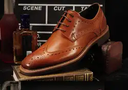 Для мужчин с квадратным носком на шнуровке резные Кожаные броги обувь бизнес Для мужчин из кожи с натуральным лицевым покрытием обувь